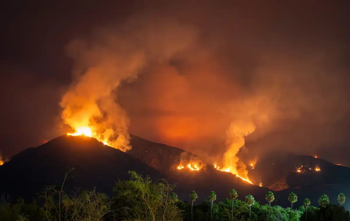 Colonne di fuoco e fumo che si alzano su un paesaggio mediterraneo durante un incendio di grandi dimensioni