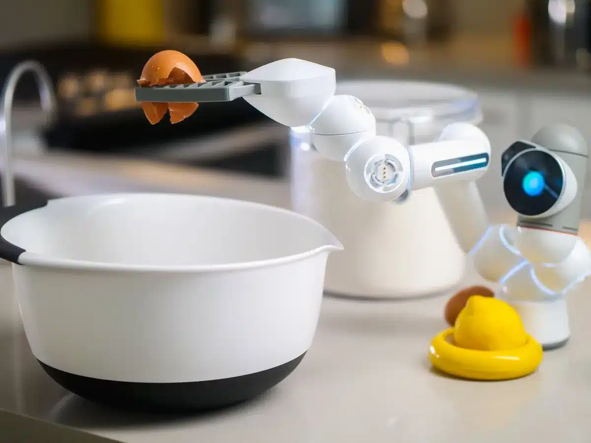 Robot umanoide che esegue un compito di pulizia domestica