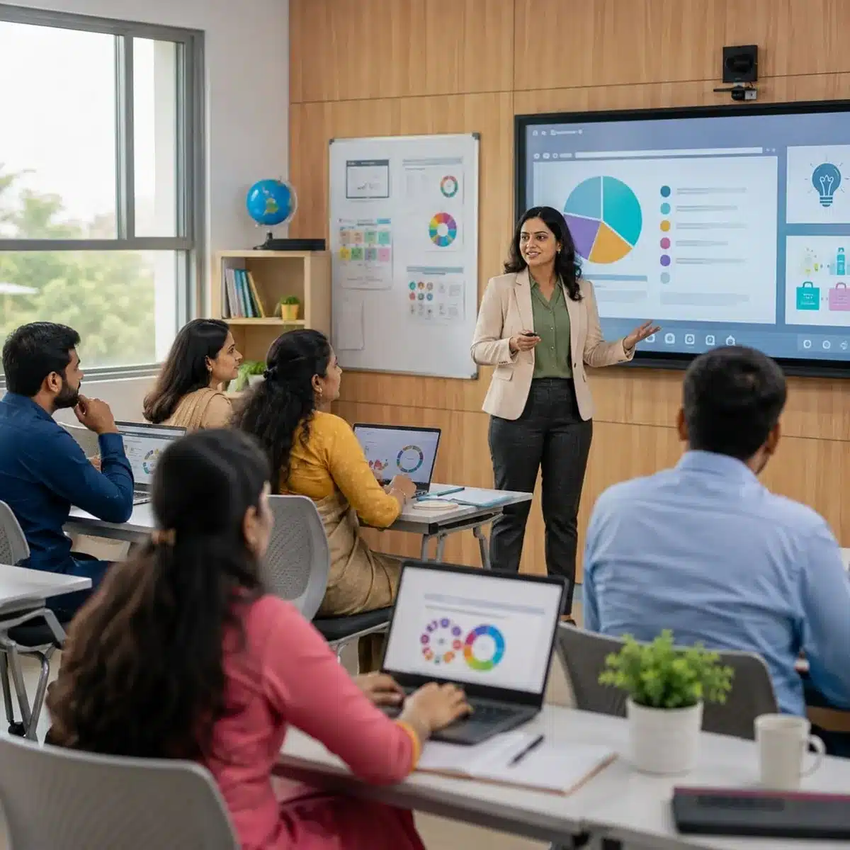 Lezione di formazione su laptop con partecipanti che seguono un corso digitale
