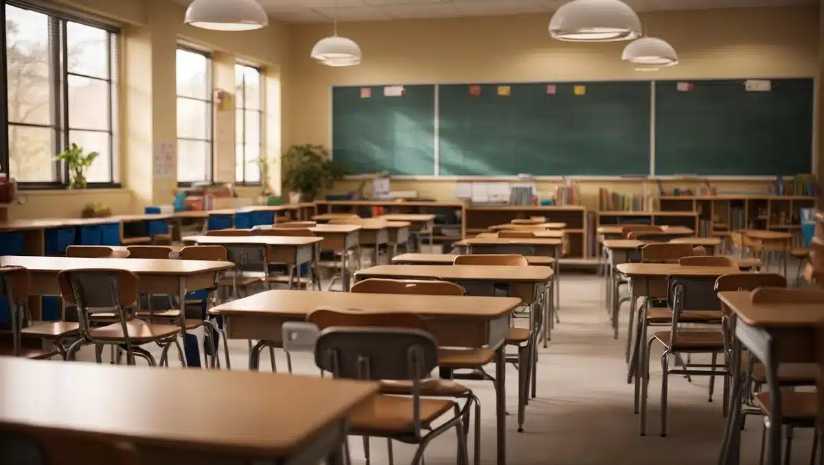 Corridoio scolastico vuoto con zaini e aula illuminata sullo sfondo