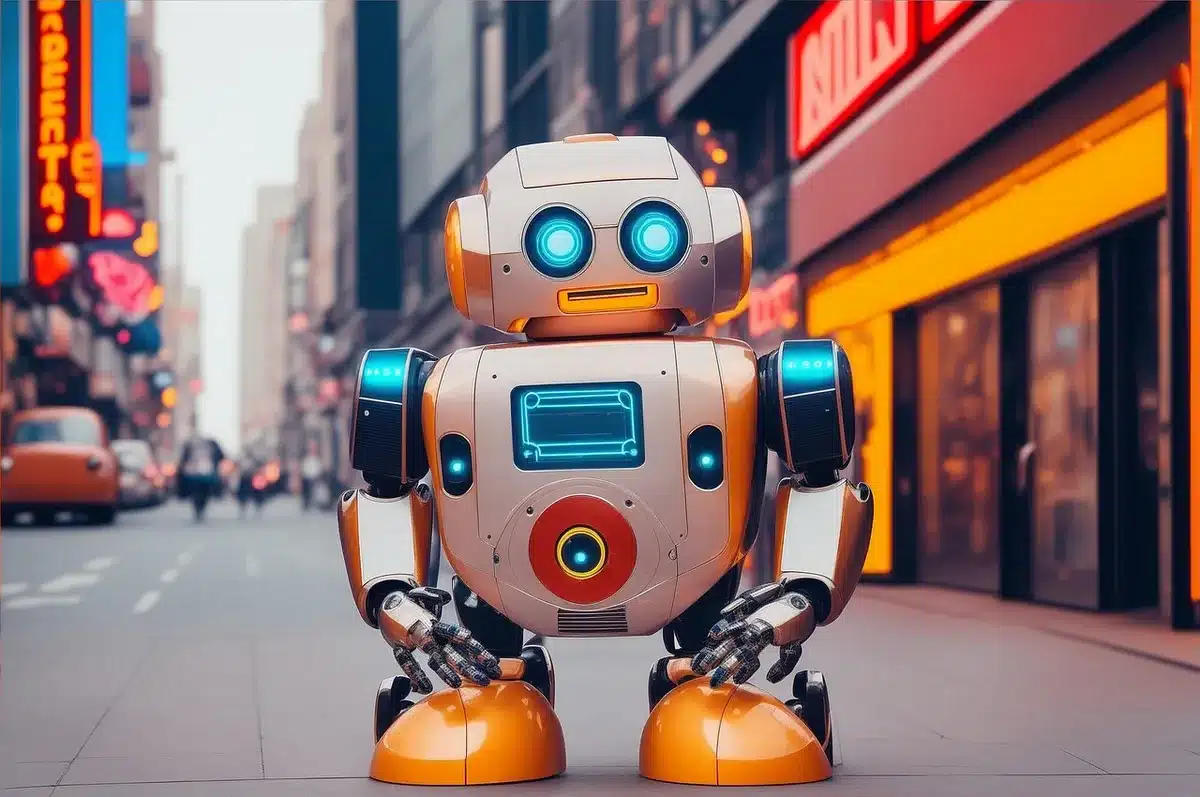 Stand fieristico con robot umanoide che dimostra movimenti coordinati