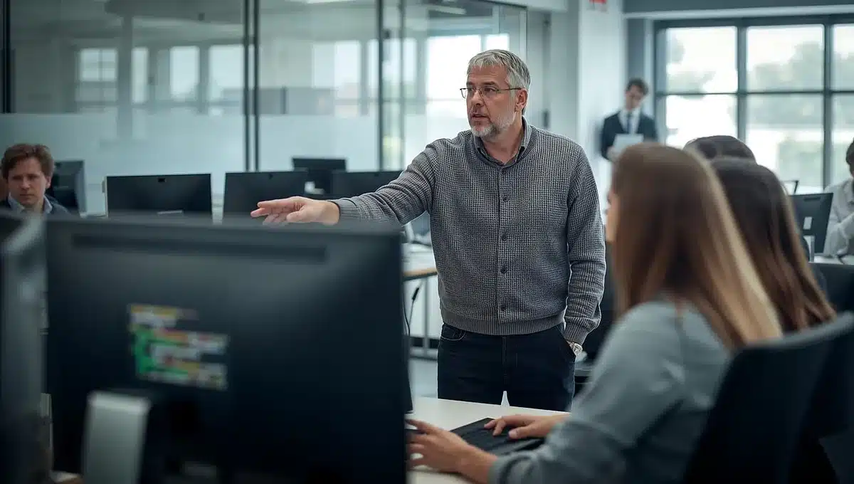Corso di formazione con adulti che seguono una lezione su computer